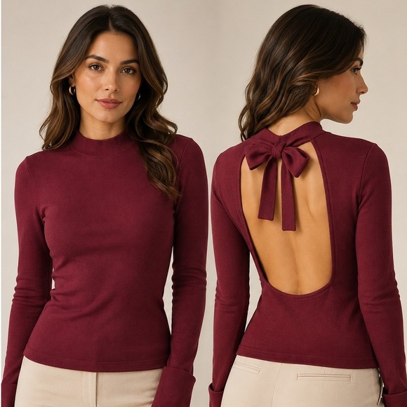 NBD Sweaters - NWT NBD Sweater Top Knit Women Small Burgundy Open Back Bow Tie Mock Neck